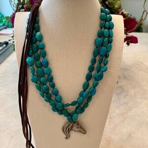 "Love Tokens" Multi-strand Turquoise & Leather Necklace  Silver Horse Pendant